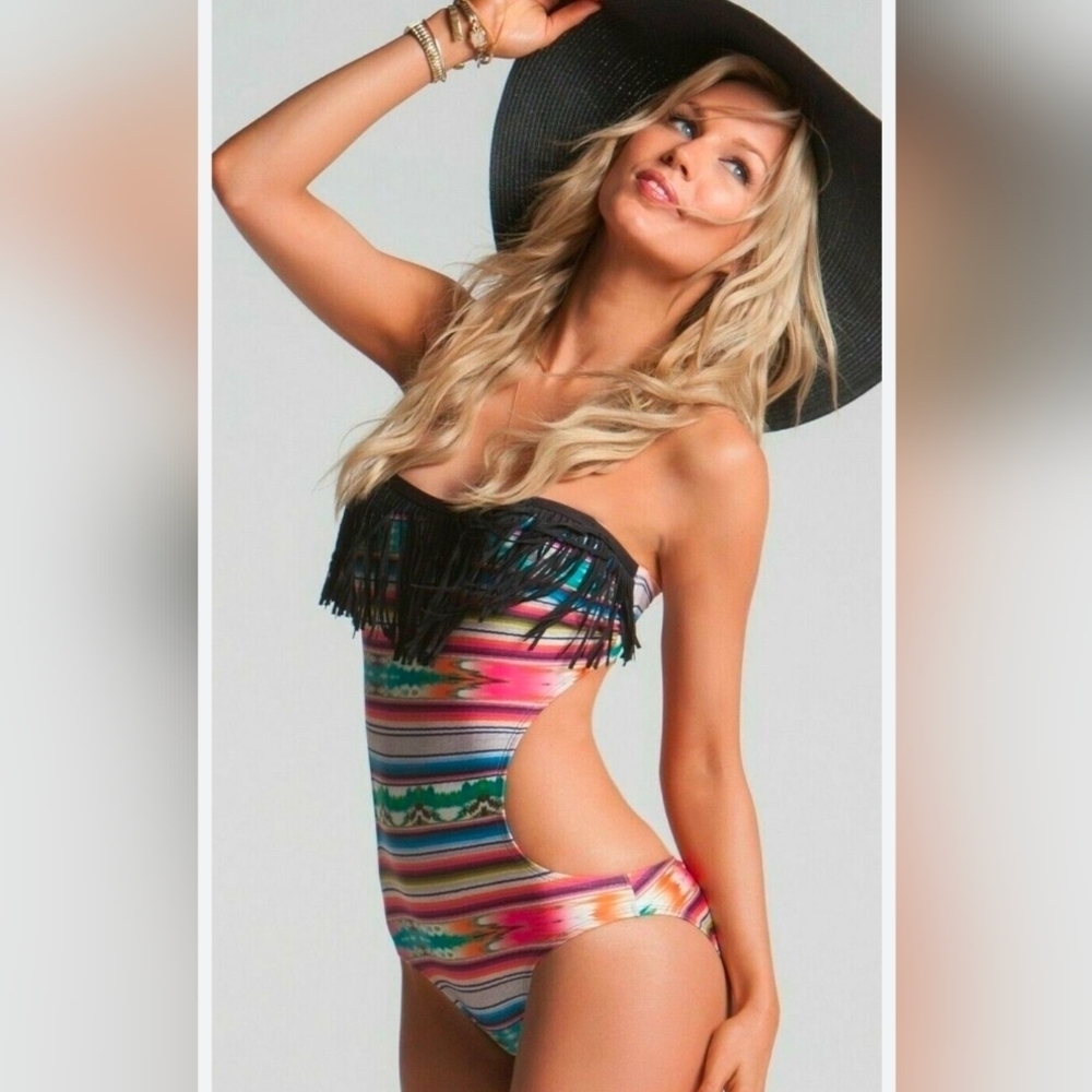 L Space Cozumel Free Love Fringe Bandeau Monokini One Piece Swimsuit Size 10